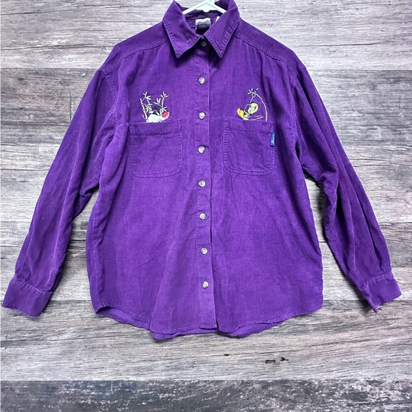 Warner Bros Looney Tunes Purple Button Down Shirt with Long Sleeve & Embroidery - Picture 1 of 9